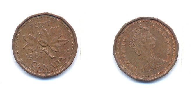 Канада 1 цент 1987 Елизавета II (1952-2022), кленовый лист KM 132 бронза 4379-365