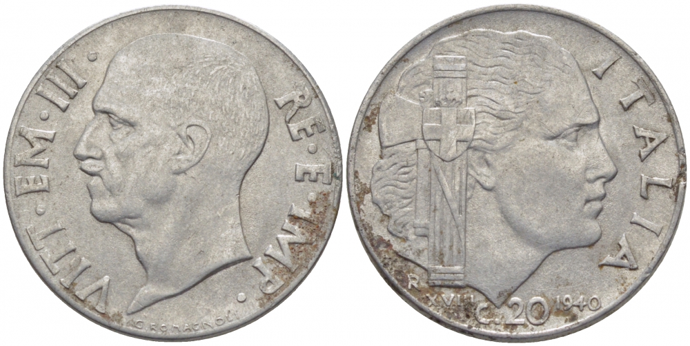 ИТАЛИЯ 20 ЧЕНТЕЗИМО 1940 R, ВИКТОР ИМАНУИЛ KM 75b сталь 4448-234