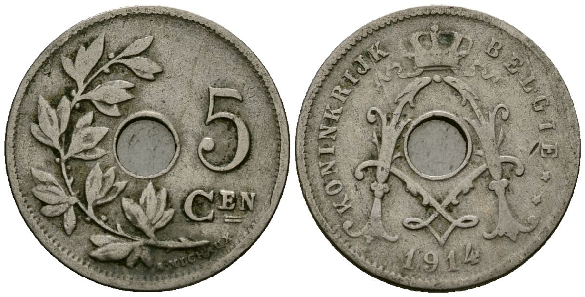 Бельгия 5 сантимов 1914 Belgie KM 67 медно-никель 4173-211