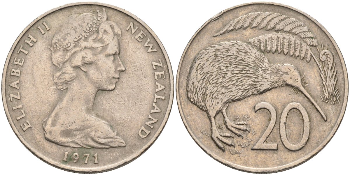 Новая Зеландия 20 центов 1971 Елизавета II (1952-2022), птичка киви KM 36.1 медно-никель 4131-1125