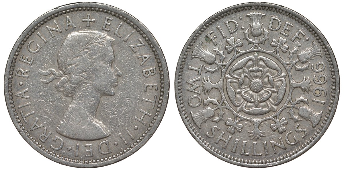 Великобритания 2 шиллинга (флорин) 1966 Елизавета II (1952-2022) KM 906, Spink 4146 медно-никель 4123-926