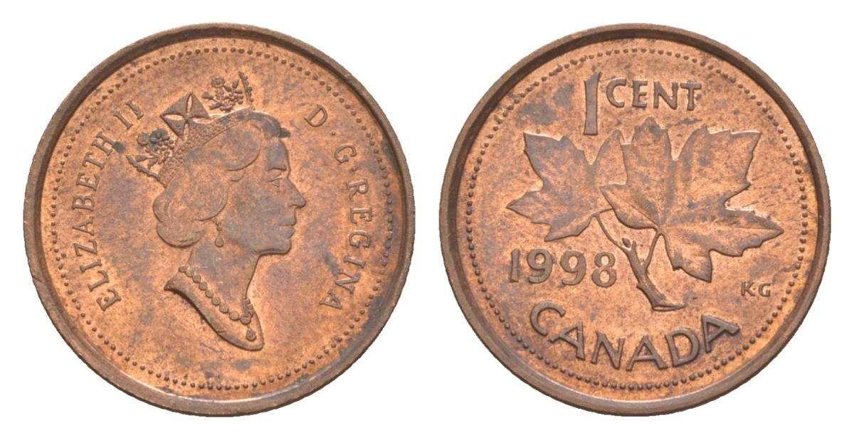 Канада 1 цент 1998 Елизавета II (1952-2022), кленовый лист KM 289 цинк плакированный медью 4630-618