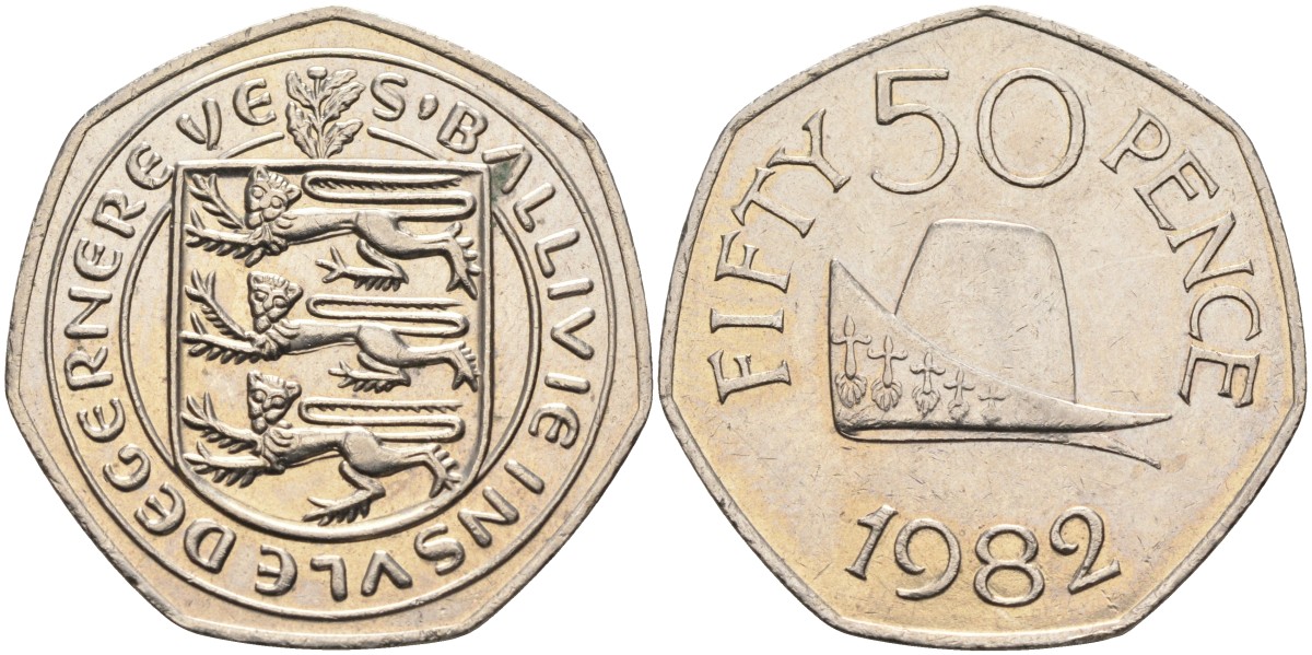 Гернси 50 пенсов 1982 герцогская шапка герцога Нормандии KM 34 медно-никель XF-UNC 4583-534