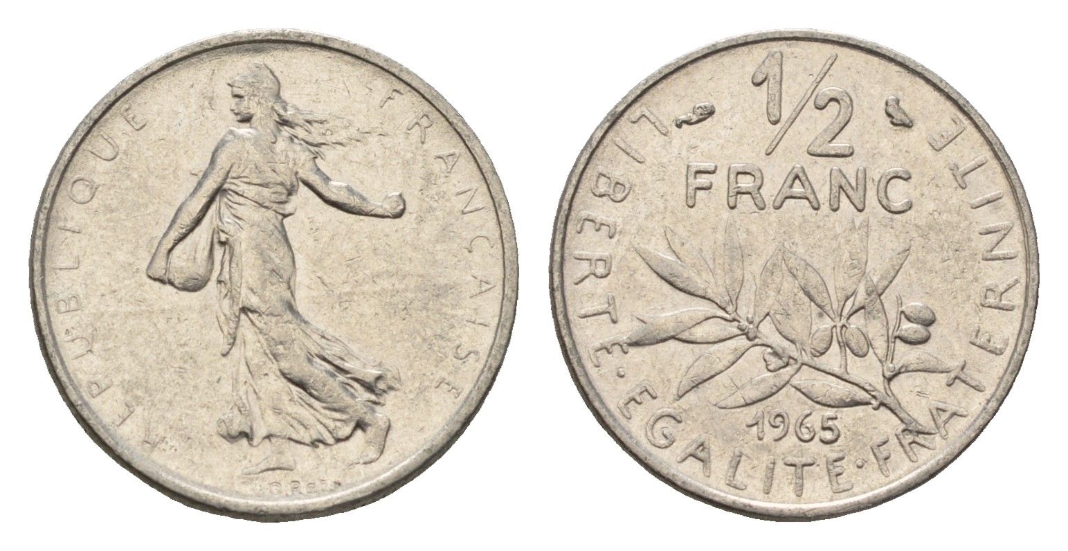 Франция 1/2 франка 1965 сеятель KM 931.1 никель 4674-619