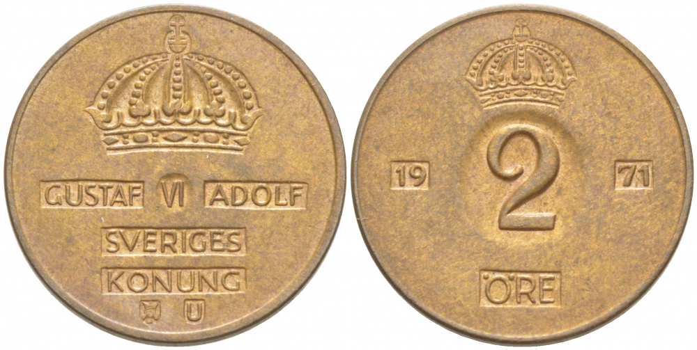 Швеция 2 эре 1971 Густав VI Адольф (1950-1973) КМ 821 бронза 77-523