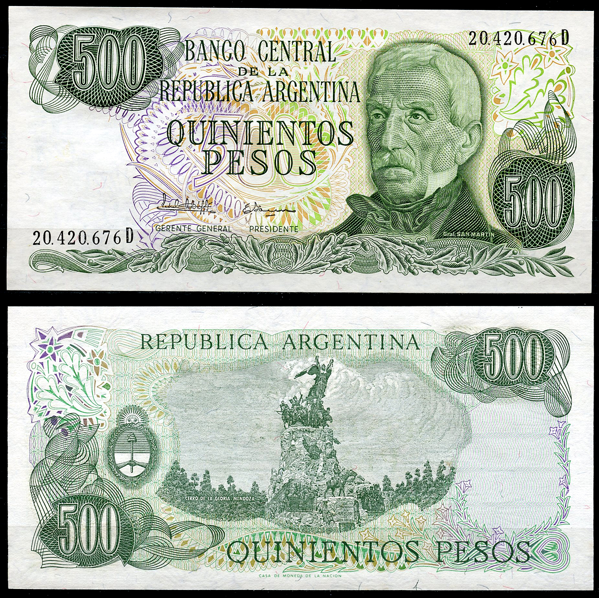Аргентина 500 песо ND (1977-1982) серия D 20420, Генерал Сан Мартин (1778-1850) Pick 303 c  бумага  UNC (пресс) 447-21-3