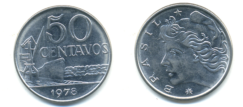 Бразилия 50 сентаво 1978 голова свободы влево KM 580b, Schon 85b нержавеющая сталь UNC 86-1051