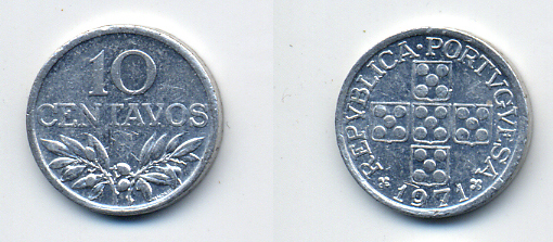 ПОРТУГАЛИЯ 10 СЕНТАВО 1971 KM 594 алюминий 29-1147