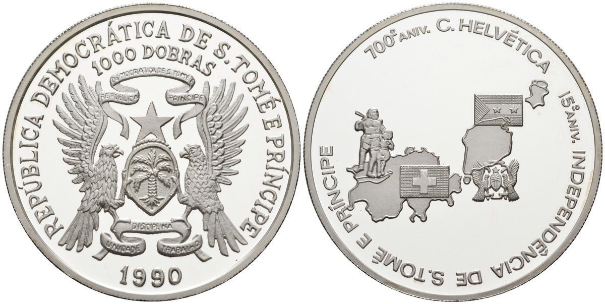 Сан-Томе и Принсипи 1000 добра 1990 700 лет Швейцарии, 15 лет независимости Сан-Томе и Принсипи серебро PROOF 1080-5-64