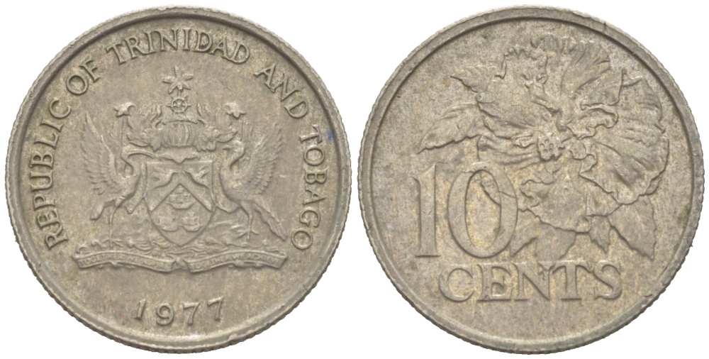 Тринидад и Тобаго 10 центов 1977 цветок гибискуса KM 31 медно-никель 218-1158