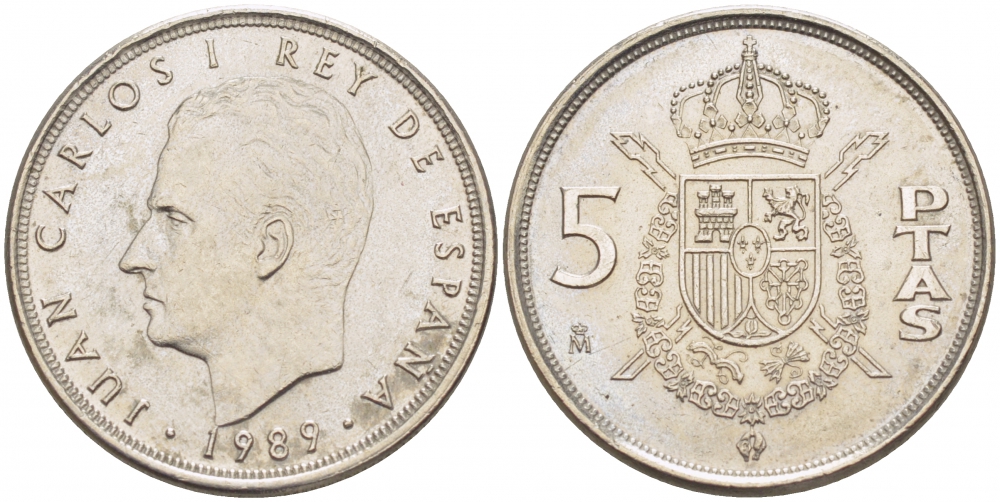 ИСПАНИЯ 5 ПЕСЕТ 1989 ХУАН КАРЛОС I (1975-) KM 823 медно-никель 4402-1237