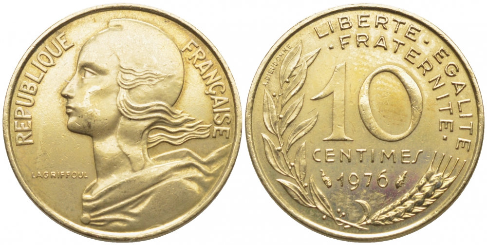 ФРАНЦИЯ 10 САНТИМОВ 1976 ТИП MARIANNE KM 929, LE FRANC 144.16 алюминиевая бронза 105-1219