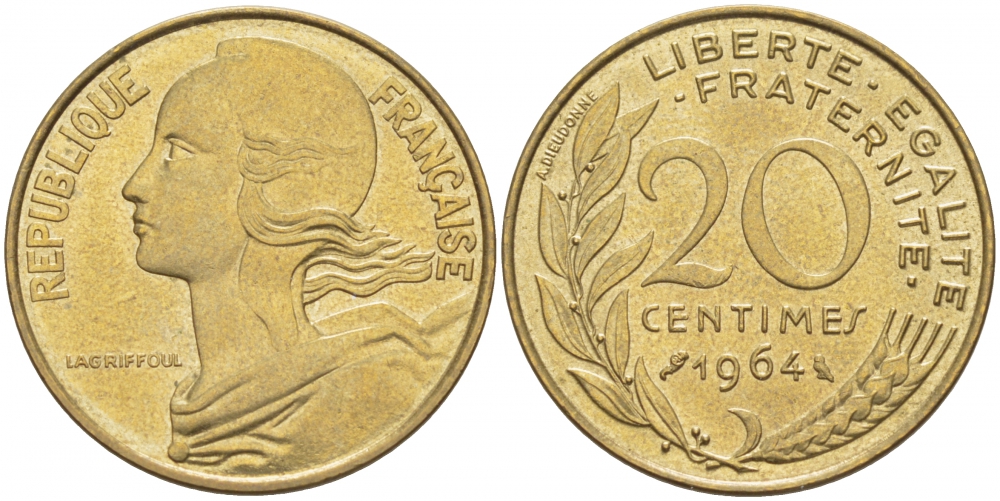 ФРАНЦИЯ 20 САНТИМОВ 1964 ТИП MARIANNE KM 930, LE FRANC 156.4 алюминиевая бронза 3856-1112