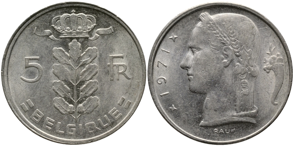 БЕЛЬГИЯ 5 ФРАНКОВ 1971 BELGIQUE KM 134.1 медно-никель 98-643
