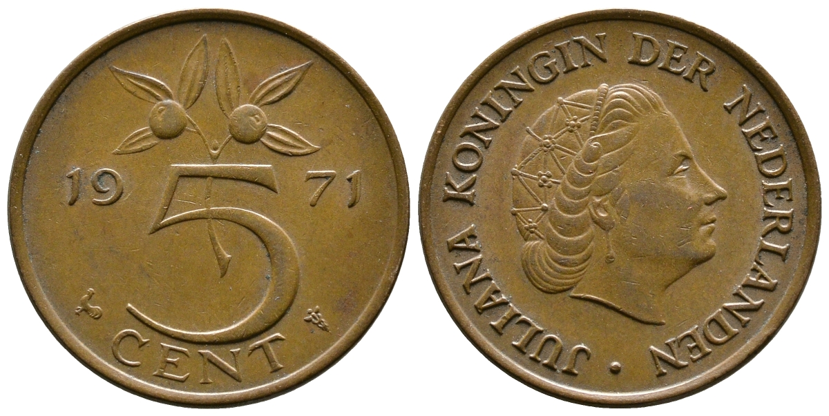 НИДЕРЛАНДЫ 5 ЦЕНТОВ 1971 ЮЛИАНА KM 181 бронза 261-956
