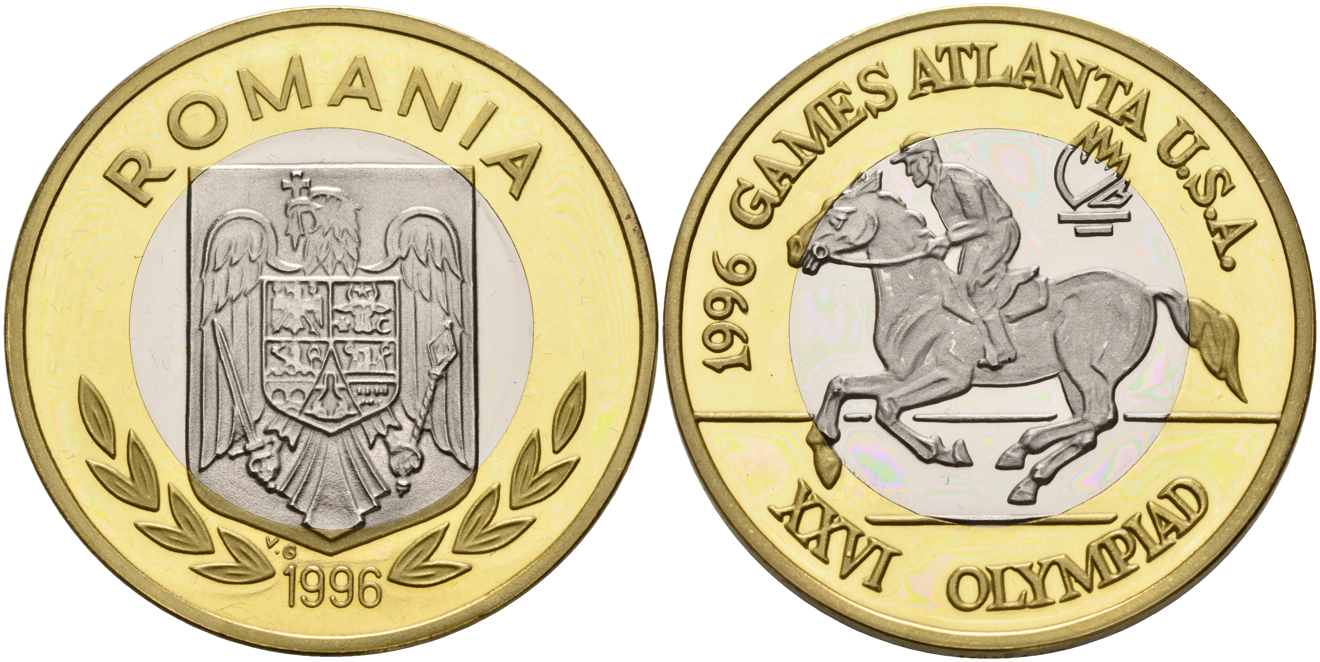 Румыния 100 леев 1996 XXVI Олимпийские игры 1996 года в Атланте, 100 лет Олимпийскому движению, скачки, пробный выпуск, пифорт KM PnB 315C1 биметалл  PROOF  1525-1242