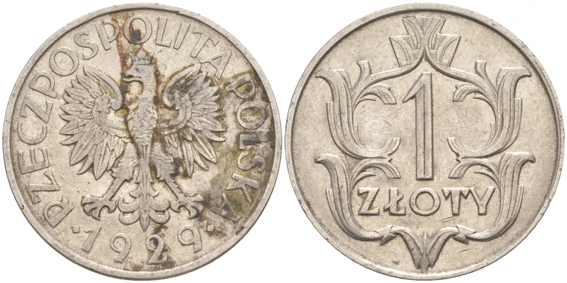 ПОЛЬША 1 ЗЛОТЫЙ 1929 w KM 14 никель 68-357