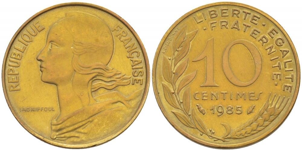 Франция 10 сантимов 1985 тип Марианна KM 929, LE FRANC 144.25 медь алюминий никель 110-134