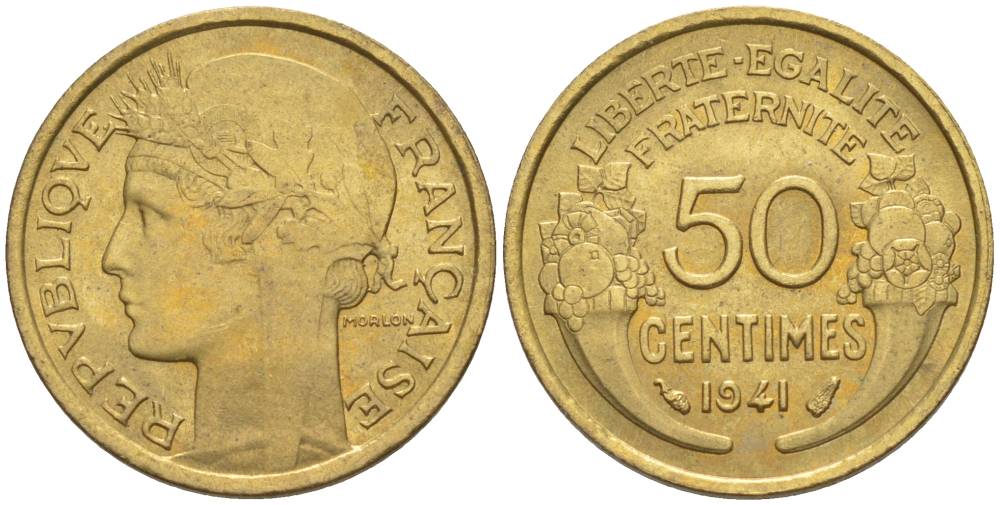 ФРАНЦИЯ 50 САНТИМОВ 1941 ТИП MORLON KM 894.1, LE FRANC 192.18 алюминиевая бронза 44-417
