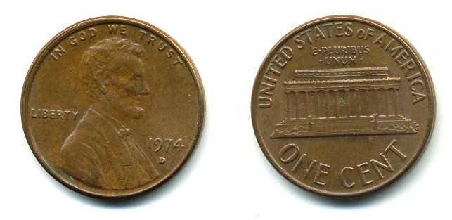 США 1 ЦЕНТ 1974 D, ЛИНКОЛЬН KM 201 медь цинк 54-158