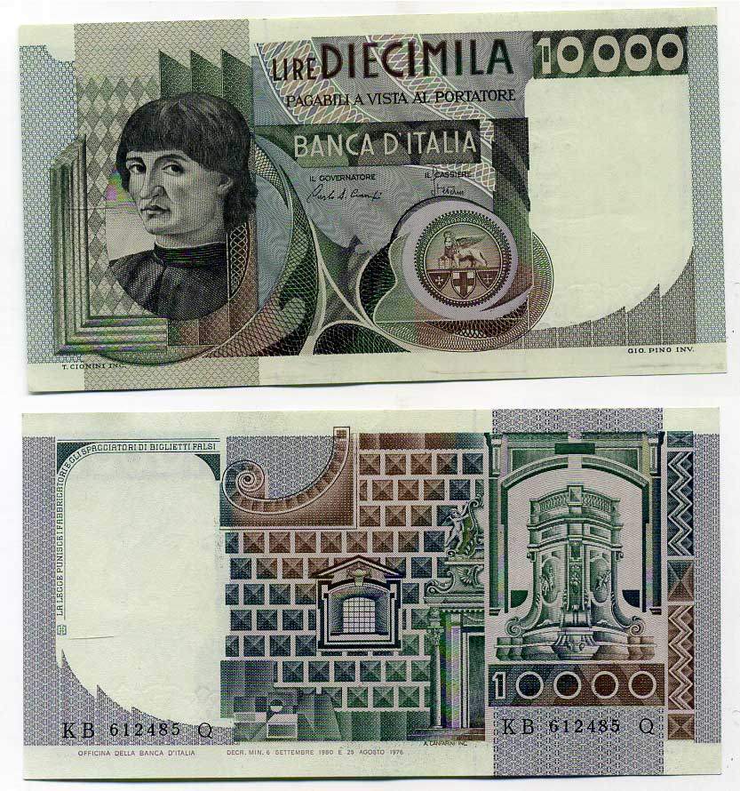 Италия 10000 лир 1982 Мужской портрет Андреа дель Кастаньо Pick 106b 7204-13-3