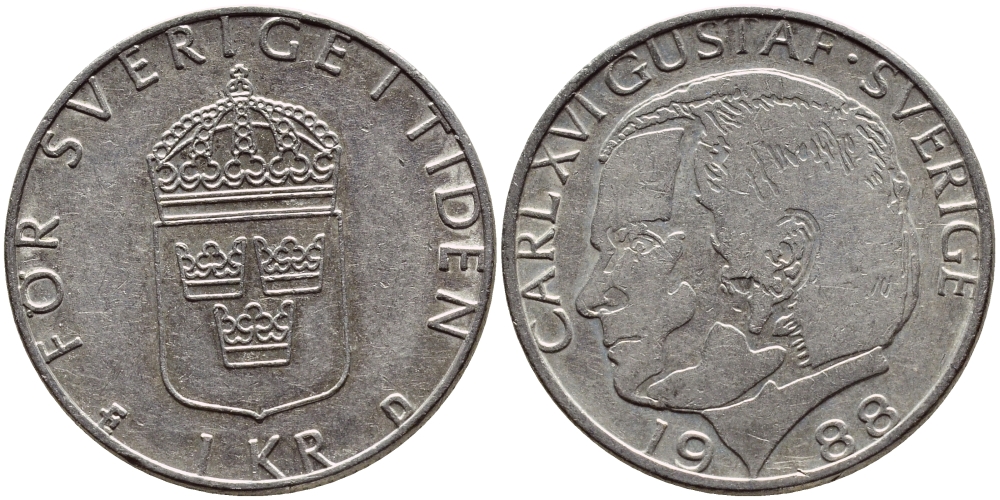 Швеция 1 крона 1988 Карл XVI Густав (1973- ) KM 852a медно-никель 4397-1217