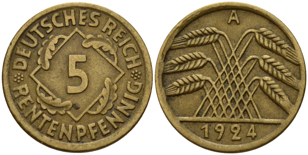Германия 5 рентенпфеннигов 1924 A KM 32, J. 308 алюминиевая бронза 4189-836