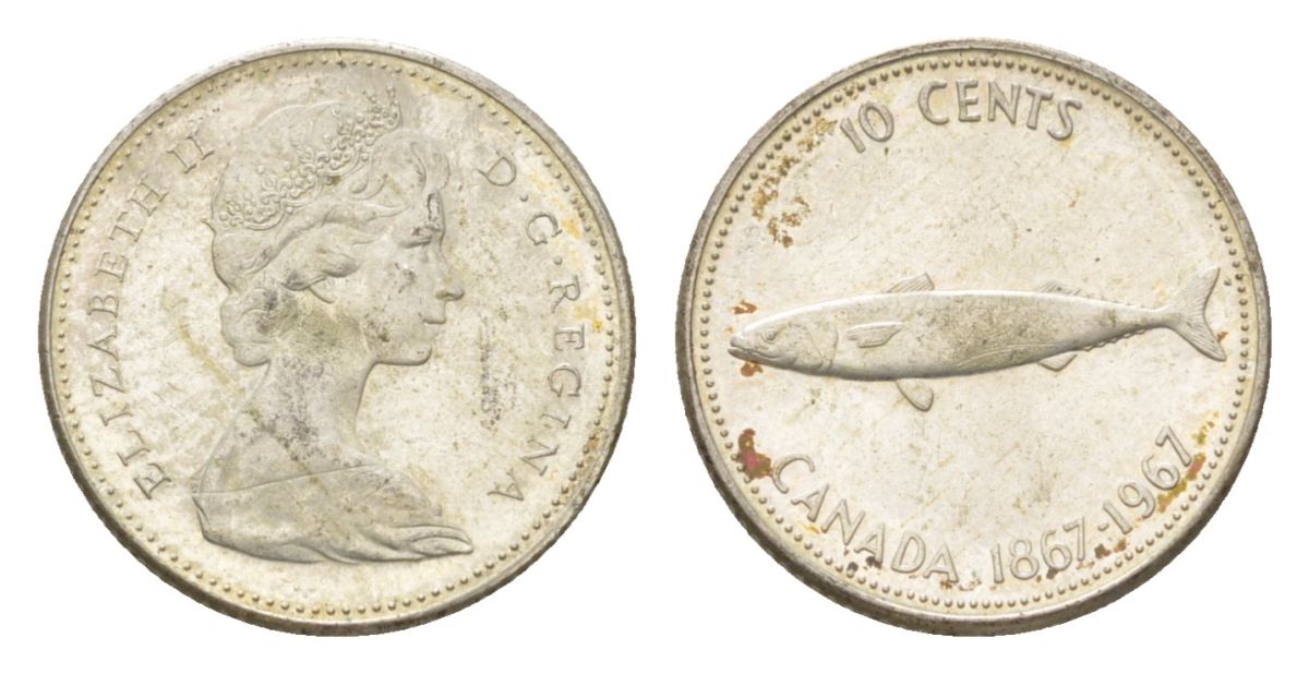 Канада 10 центов 1967 рыба, 100 лет Конфедерации Канада, Ссеребро 0.800, вес 2,3 гр, диаметр 18,3 мм KM 67 серебро 4623-955