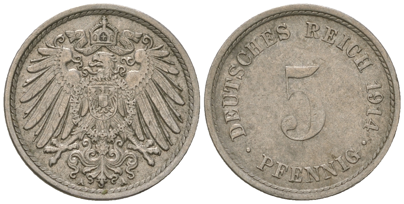 ГДР 5 пфеннигов 1914 A, KM 11, J. 12 медно-никель 3458-1126