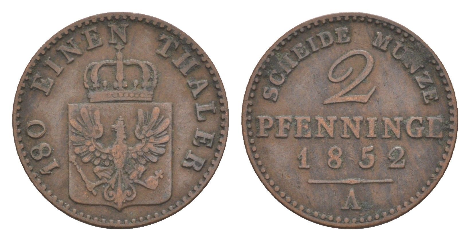 Пруссия 2 пфеннига 1852 A, Фридрих Вильгельм IV (1840-1861) KM 452, Jaeger 51, Olding 336, AKS 91 медь 4651-268