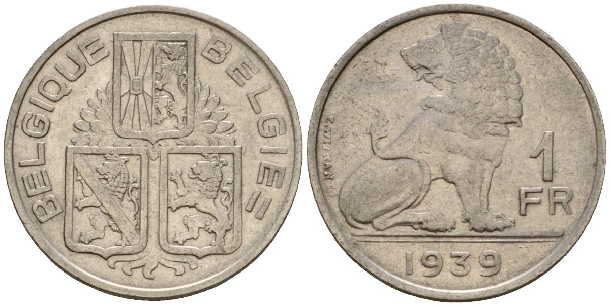Бельгия 1 франк 1939 Belgie KM 120 никель 55-1136