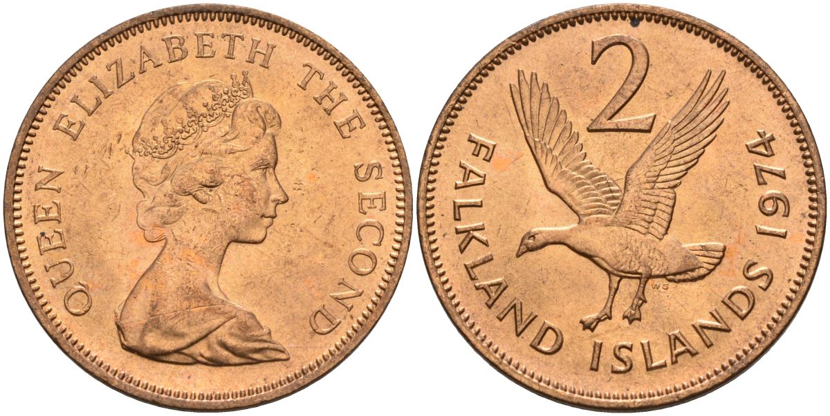 Фолклендские острова 2 пенса 1974 Елизавета II (1952-2022), магелланов гусь KM 3 бронза aUNC 4153-554