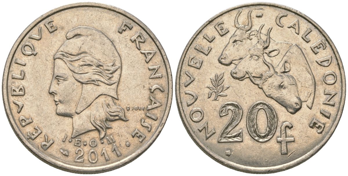 Французская Новая Каледония 20 франков 2011 три быка, (IEOM) KM 12a, Schoen 14a, Lec 115j медно-никель 84-1035