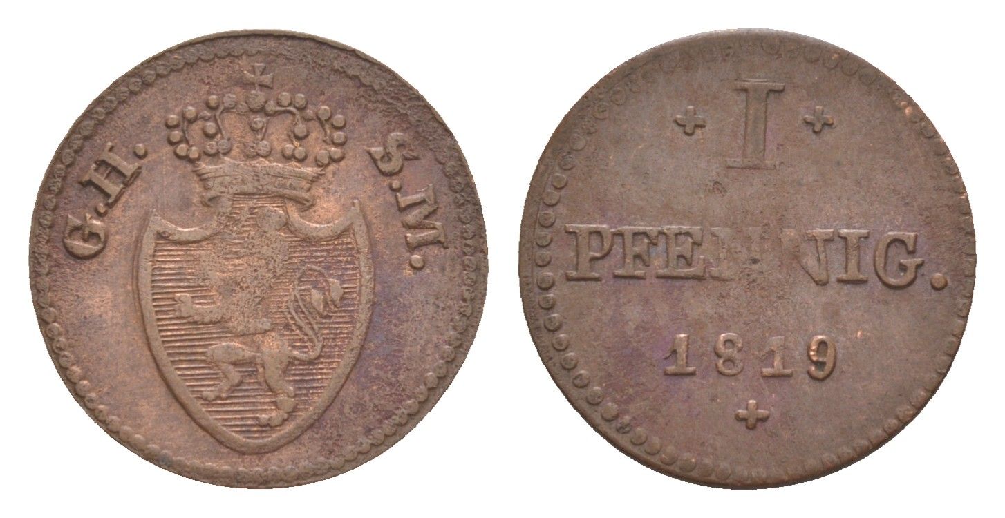 Гессен-Дармштадт 1 пфенниг 1819 KM 280 медь 4644-819