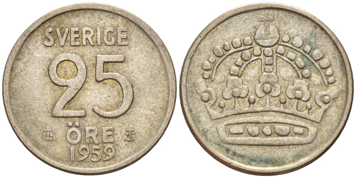 Швеция 25 эре 1959 TS, Густав VI Адольф (1950-1973) KM 824 серебро 4147-1065