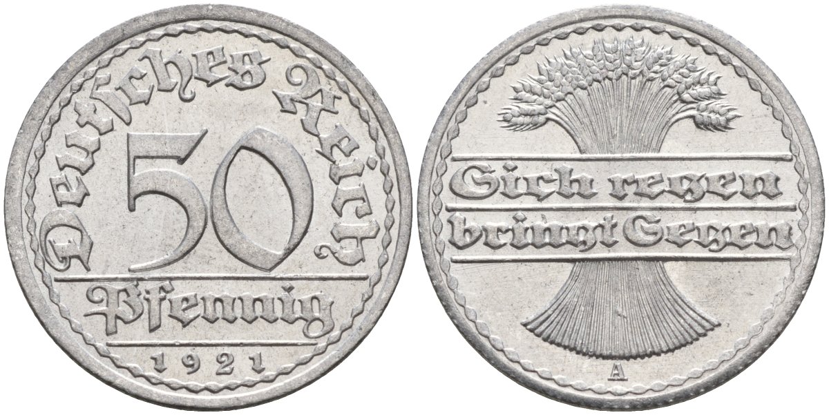 Германия 50 пфеннигов 1921 A KM 27, J.301, Weege 10 алюминий UNC 4584-823