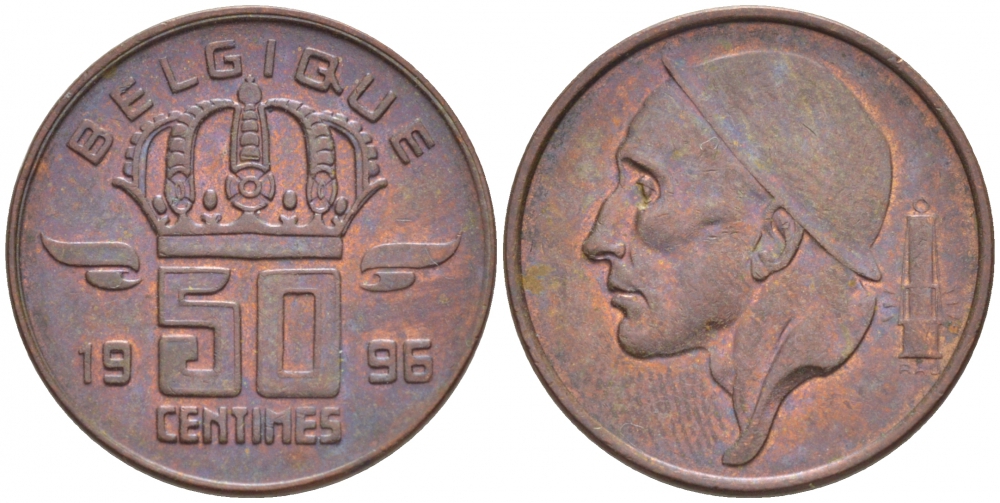 БЕЛЬГИЯ 50 САНТИМОВ 1996 BELGIQUE, БОДУЭН I (1951-1993) KM 148.1 бронза 4532-115