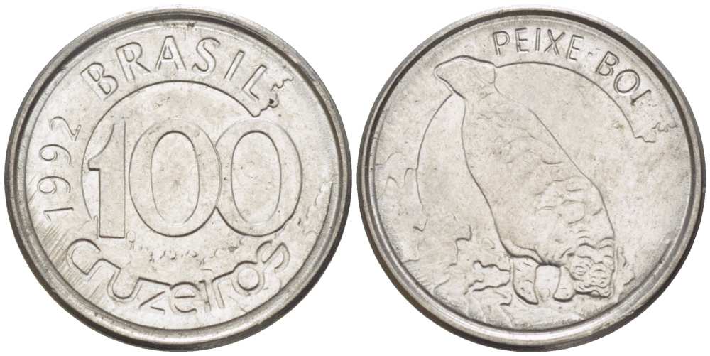 БРАЗИЛИЯ 100 КРУЗЕЙРО 1992 РЕФОРМА 1990-1993, ЛАМАНТИН KM 623 нержавеющая сталь 4392-148