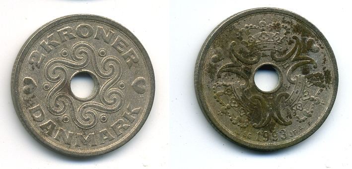 Дания 2 кроны 1993 LG; JP; A, Маргрете II (1972- ) KM 874.1 медно-никель 35-1223