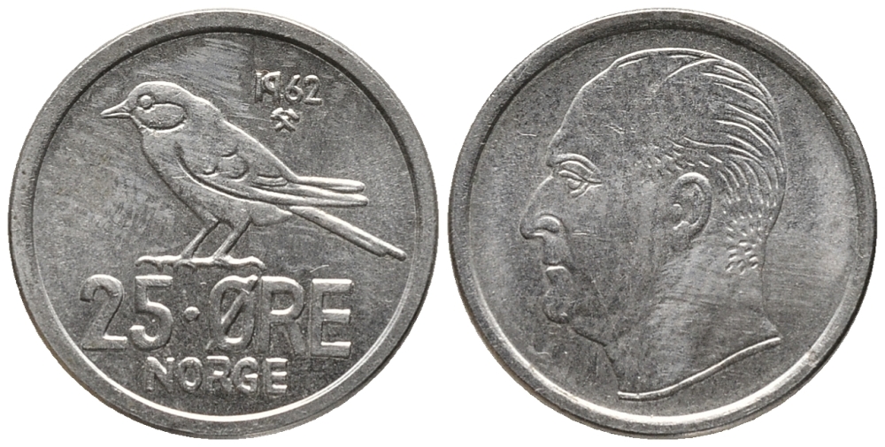 Норвегия 25 эре 1962 Улаф V (1958-1991), синица KM 407 медно-никель 66-153