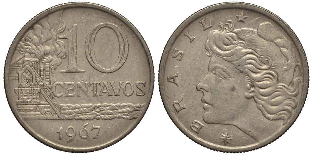 БРАЗИЛИЯ 10 СЕНТАВО 1967 НЕФТЕПЕРЕГОННЫЙ ЗАВОД KM 578.1 медно-никель VF 4182-426