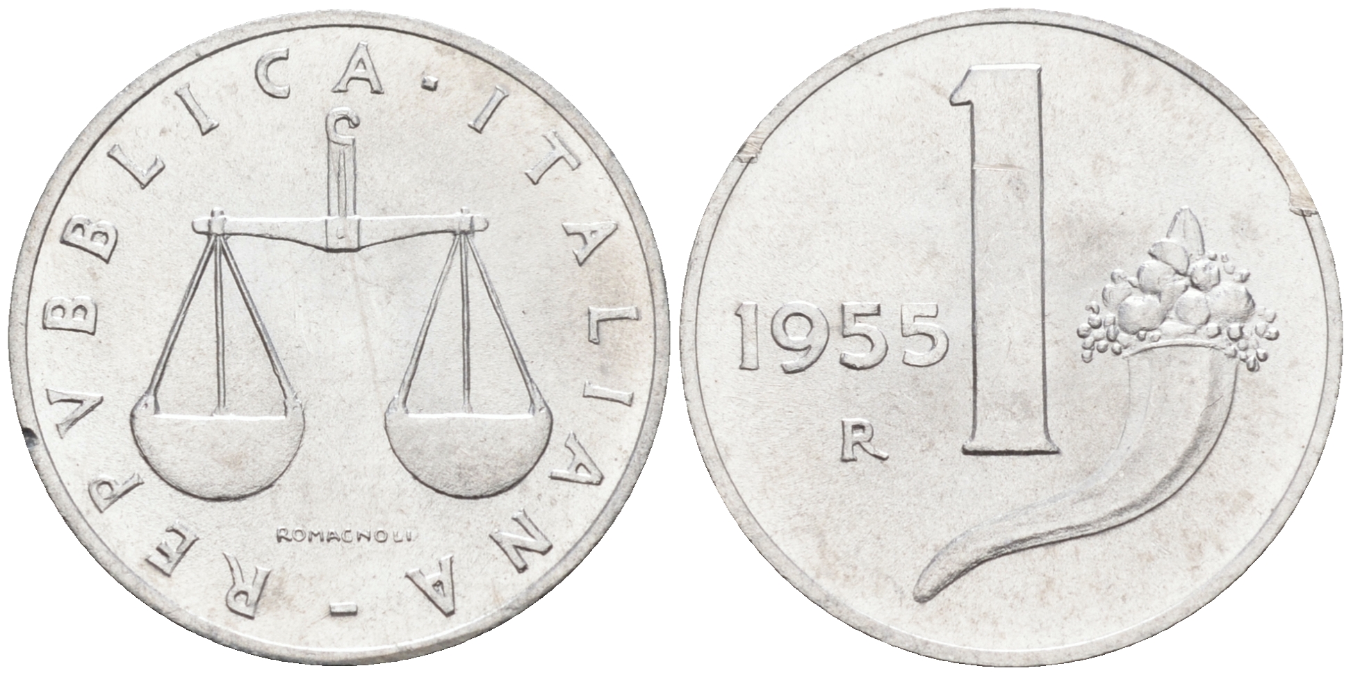 Италия 1 лира 1955 R, весы KM 91 алюминий  UNC  4594-659