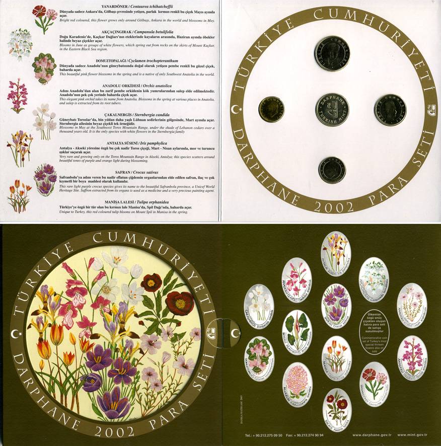 Турция официальный набор из 4 монет + жетон 2002 25000, 50000, 100000 и 250000 лир, буклет  медно-никель  UNC  1-4-1-16