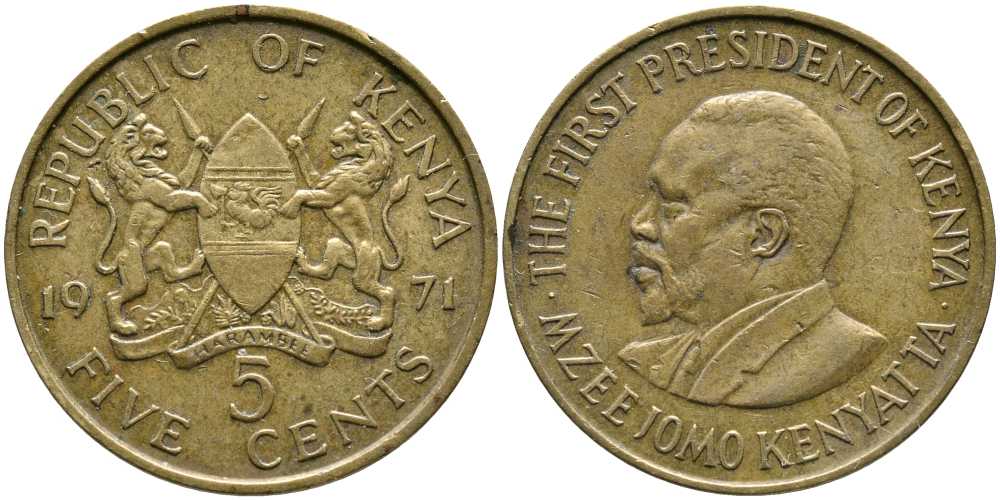 Кения 5 центов 1971 Джомо Кениата KM 10 никель латунь 110-623
