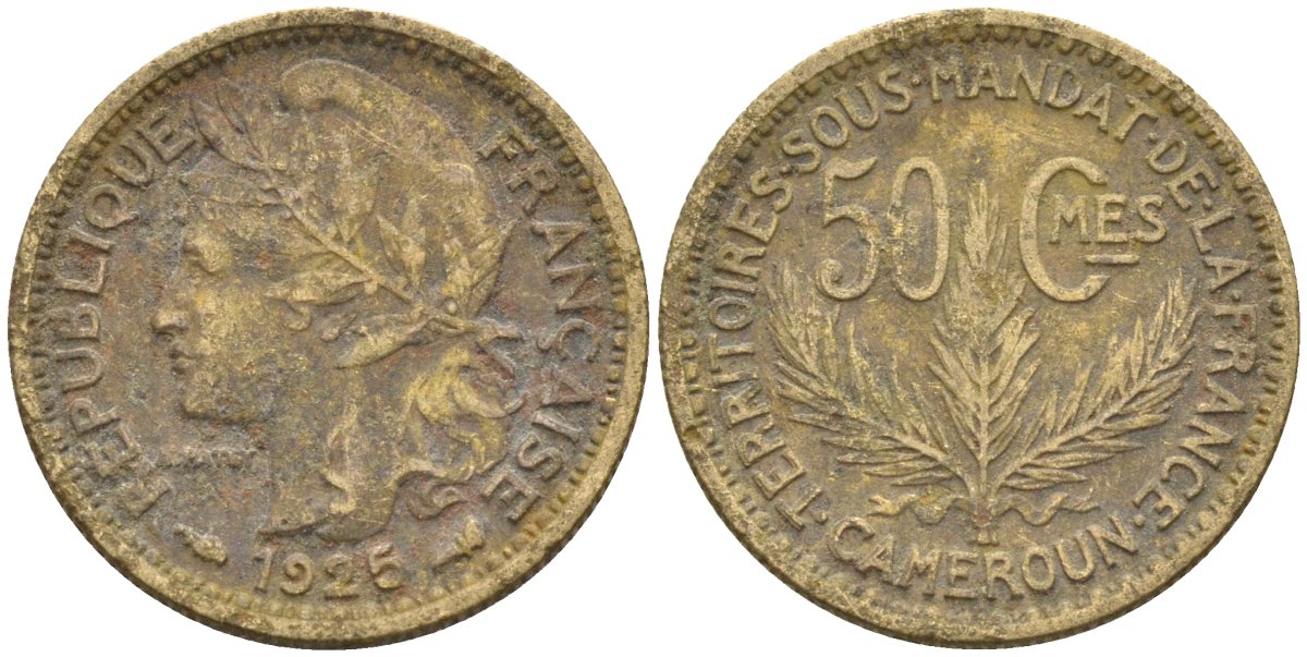 Французский Камерун 50 сантимов 1925 (а), монетный двор Париж KM 1 алюминиевая бронза 4164-1213
