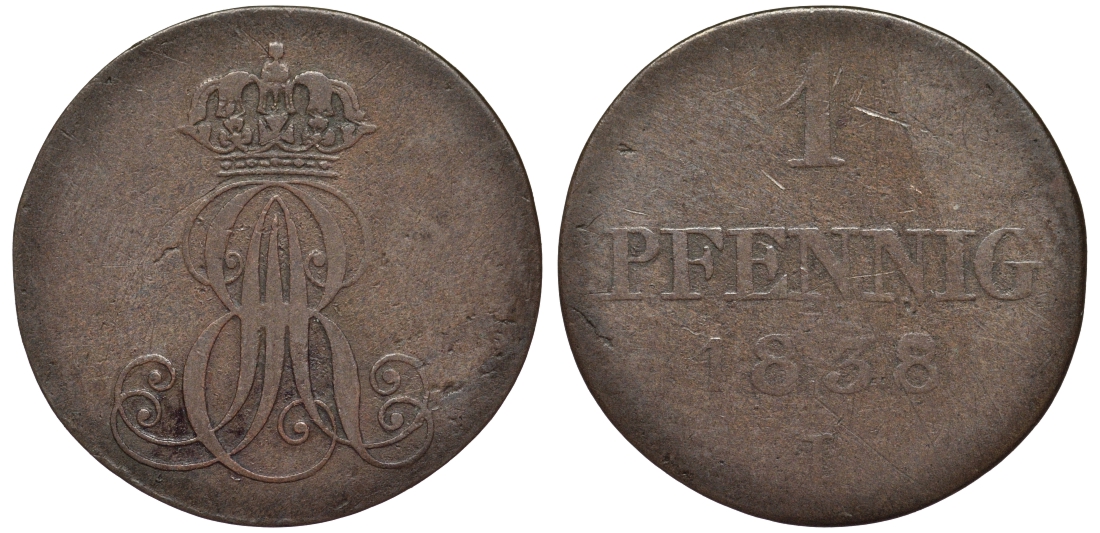 Ганновер 1 пфенниг 1838 B, Эрнст Август (1837-1851) KM 173.2, AKS 127, J. 54 медь 75-839