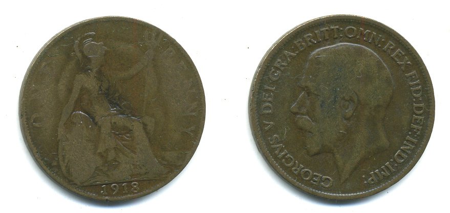 Великобритания 1 пенни 1918 Георг V (1910-1936) КМ 810, Spink 4051 бронза 37-1215