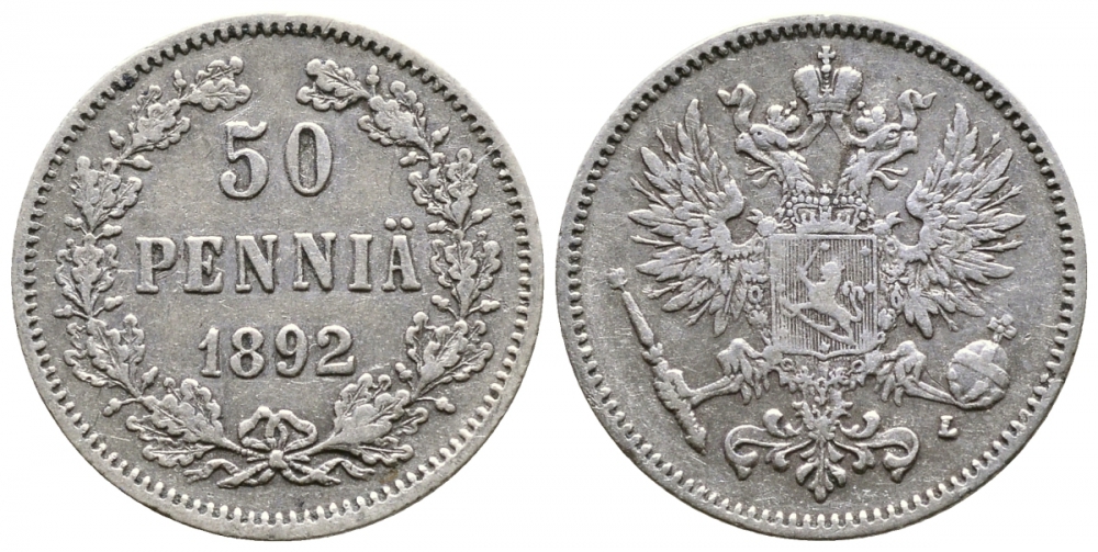 Россия для Финляндии 50 пенни 1892 L, Александр III (1881-1894) KM 2.2, Биткин 236 серебро 413-4045
