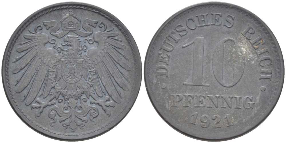 ГЕРМАНИЯ 10 ПФЕННИГОВ 1921 (1917-1922) KM 26, J. 299, Weege 8 цинк 210-252