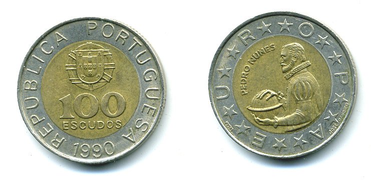 Португалия 100 эскудо 1990 Педру Нуниш (1502-1578), математик KM 645.1 биметалл 25-335